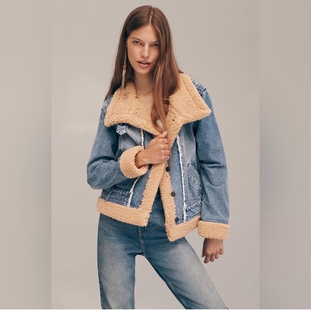 WE THE FREE by FREE PEOPLE Rylee Cozy Denim Moto Jacket size M - Picture 2 of 16